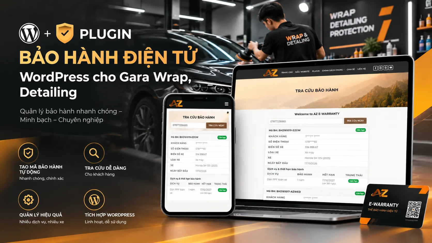 Plugin Bảo Hành Điện Tử WordPress cho Gara Wrap, Detailing
